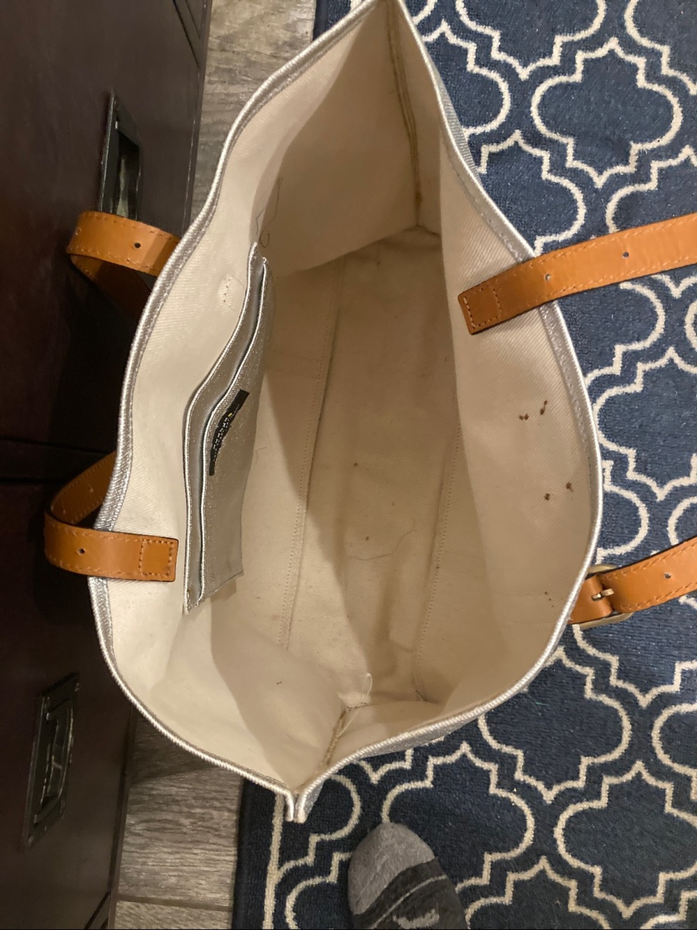 Kate Spade Saturday Metallic Silver Tote Bag with Tan Trim - Picture 2 of 2